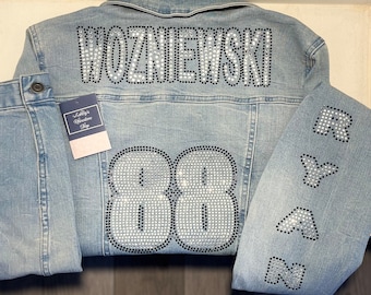 Custom Rhinestone SPORTS FAN Jean Jackets (Denim rhinestones ***Read  Description ***Baseball, Football,Cheer, Lacrosse ,Hockey,Softball
