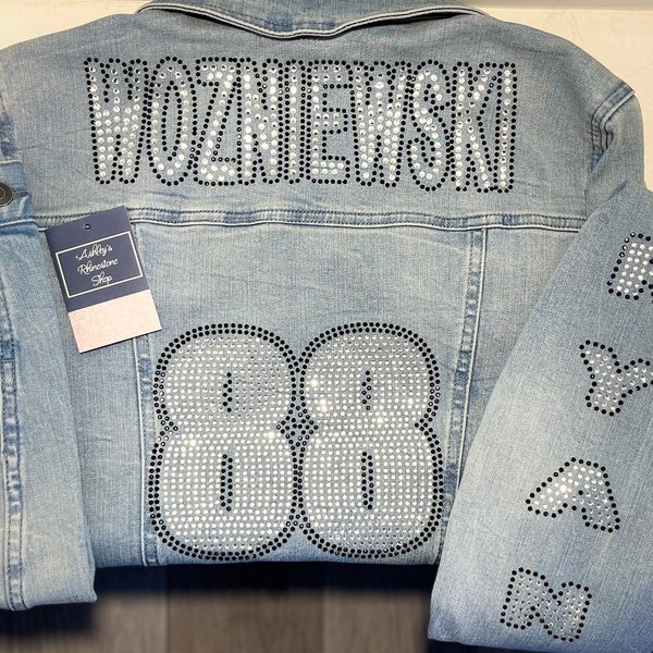 Custom Rhinestone SPORTS FAN Jean Jackets (Denim & rhinestones **Read Description **Baseball, Football , Soccer, Lacrosse ,Hockey,Softball**