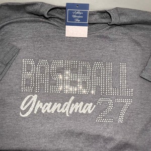 ABUELA DE BÉISBOL: camiseta con diamantes de imitación o sudadera con número de jugador personalizado en la parte delantera y la manga o en la parte posterior de la camiseta sin mangas