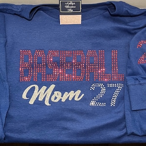 BASEBALL MOM- Camiseta con diamantes de imitación o sudadera con número de jugador personalizado en la parte delantera y la manga o en la parte posterior de la camiseta sin mangas