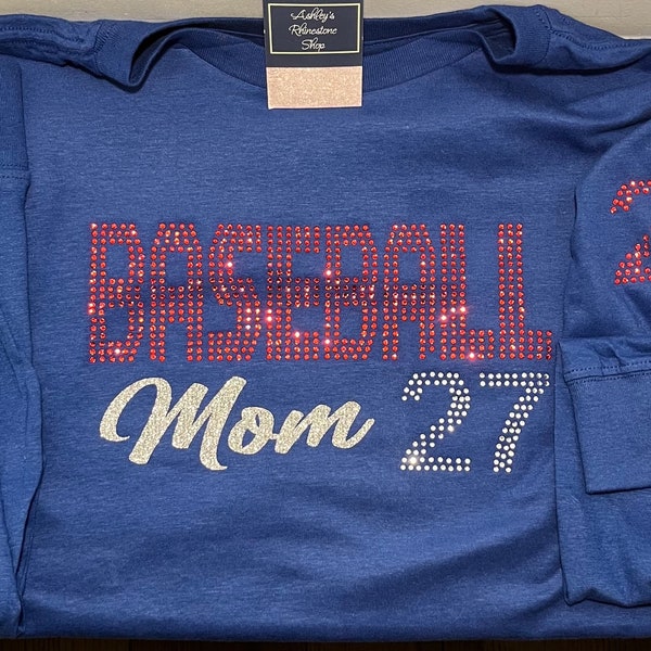 BASEBALL MOM- Rhinestone Bling Tee or Crew Sweatshirt with personalized Player Number on Front  and Sleeve or back of tank top