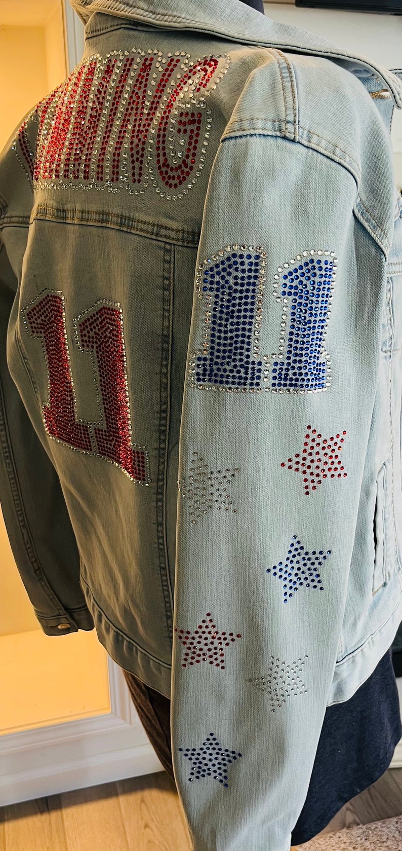 Custom Rhinestone Football Jersey Style SPORTS FAN Denim Jean Jackets ...