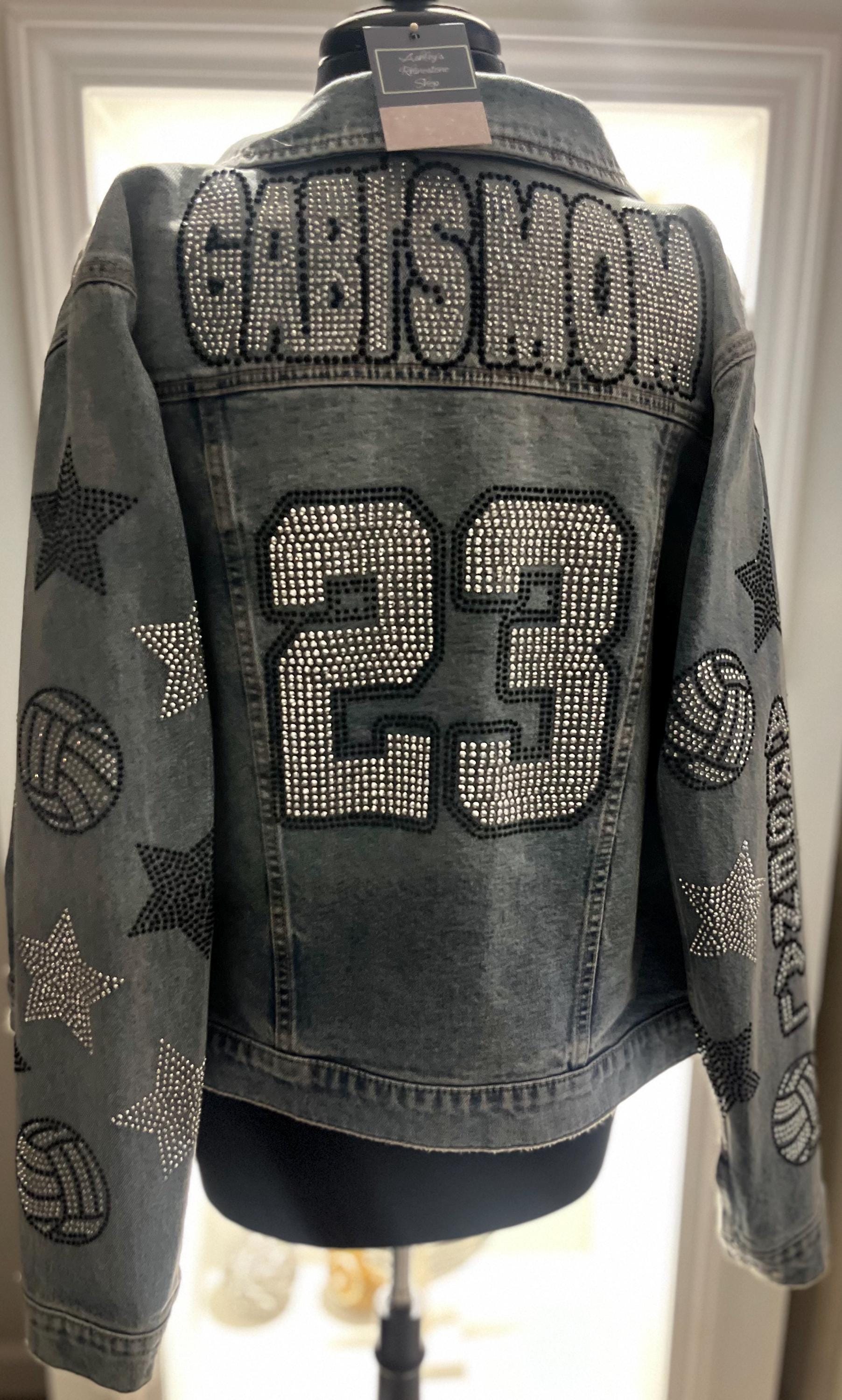 Custom Rhinestone SPORTS FAN Denim Jacket With Sports Ball Sleeves ...