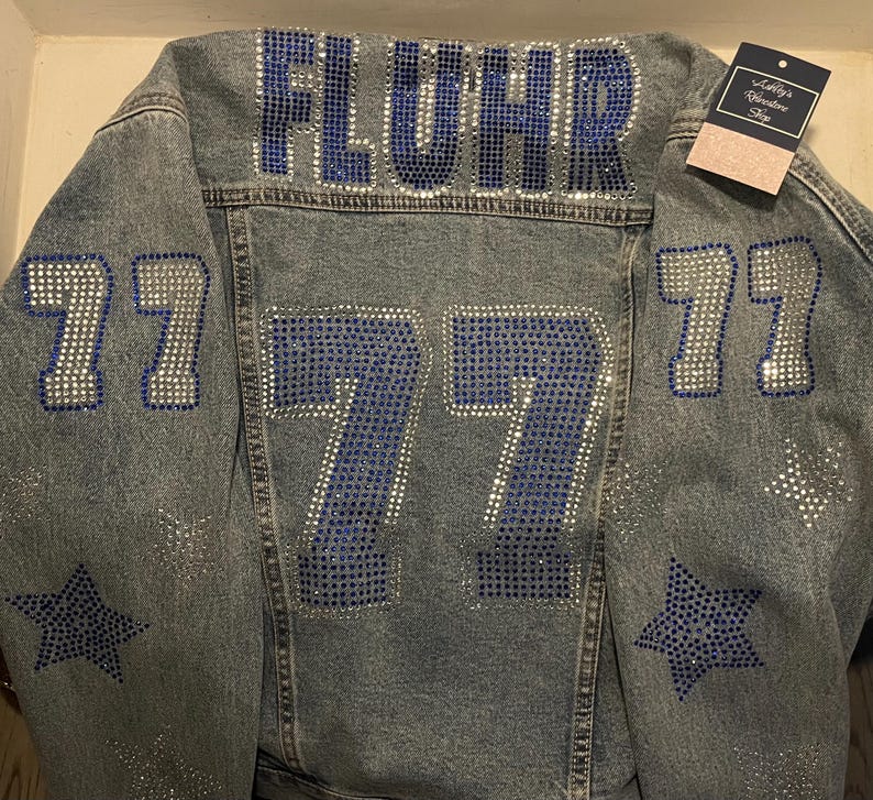 Custom Rhinestone Football Jersey Style SPORTS FAN Denim Jean Jackets ...