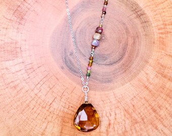 Sterling Silver Asymmetrical Pendant Necklace in Quartz and Tourmaline, OOAK Gift for Women and Mother’s Day, Wife, Sister, Girlfriend, Mom