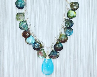 Sterling Silver Multi-Gemstone Necklace, Luxurious and Flashy Labradorite and Chalcedony Heirloom Necklace, Blue and Gray Jewelry Gift