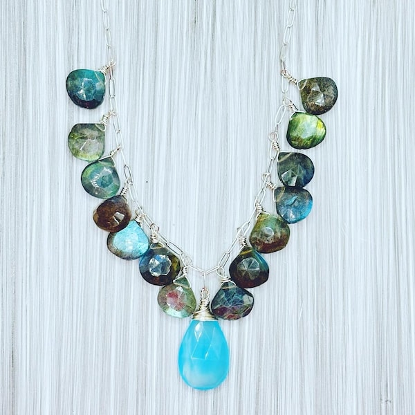 Sterling Silver Multi-Gemstone Necklace, Luxurious and Flashy Labradorite and Chalcedony Heirloom Necklace, Blue and Gray Jewelry Gift