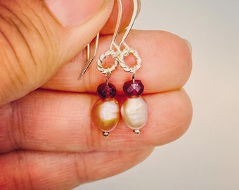 Pearl and Garnet Minimalist Earrings, Drop Earrings, Sterling Silver, Orange Gemstone Dangle Earrings, Handmade Jewelry Gift for Mom