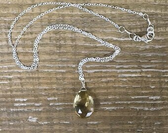 Sterling Silver Natural Gemstone Necklace for Women, Citrine, Minimalist Jewelry, Handmade Gift for Wife or Mother