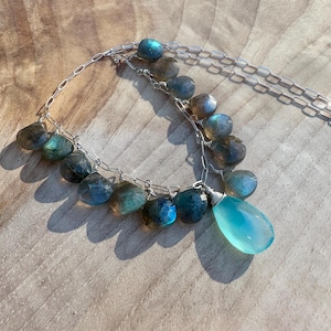 Sterling Silver Multi-Gemstone Necklace, Luxurious and Flashy Labradorite and Chalcedony Heirloom Necklace, Blue and Gray Jewelry Gift