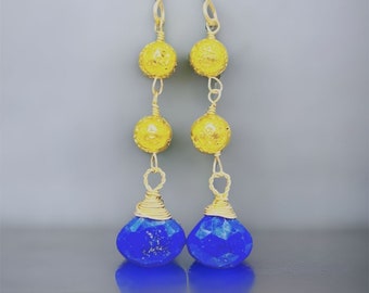 Gold Filled Lapis Lazuli and Lava Rock Gemstone Dangle Earrings, Handmade Jewelry Bridesmaid Gifts for Best Friend. Mother's Day Gift