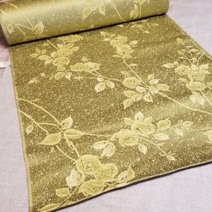 Vintage Japanese Silk Kimono Fabric/ Yellow Green Crepe with Roses/ by the yard from an unused bolt