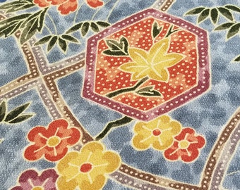 Vintage Japanese Silk Kimono Fabric/Bingata Floral and Geometric Patterns on Blue Grey/By the Yard