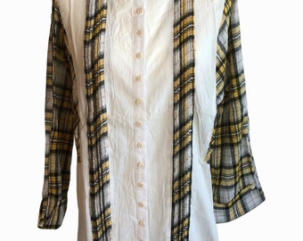 White Tunic Blouse with Plaid Accents