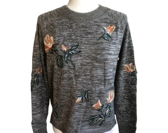 Grey Floral Embroidered Sweater