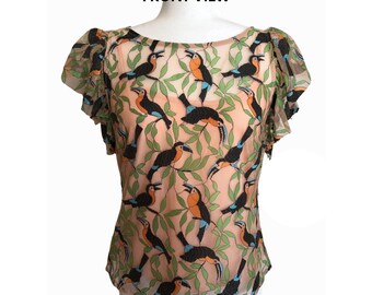 Bird Print Mesh Layered Top