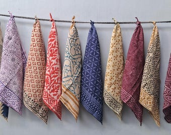 Juego de 10 pañuelos de algodón orgánico estampados a mano con bloques de madera