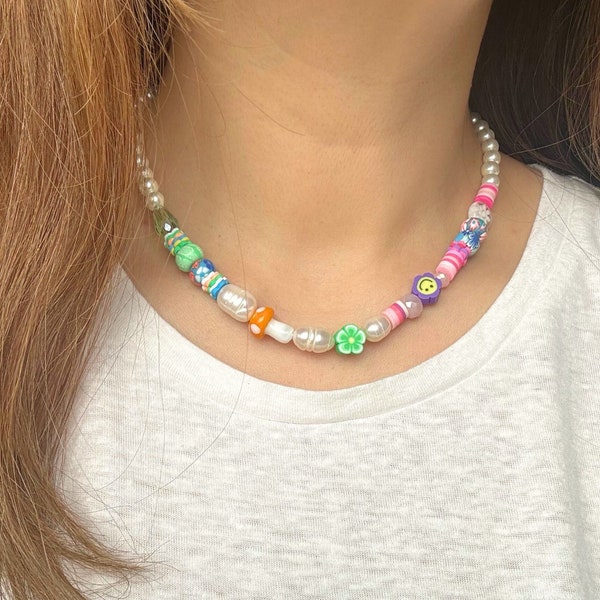 Fun to wear Y2K necklace, mushroom beaded choker, pearl necklace, freshwater pearl colorful necklace, flower beads smiley face jewelry