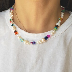 Freshwater Pearl Millefiori Beaded Necklace choker, multicolor Millefiori jewelry, pearl beaded colorful beads necklace