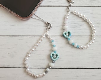sweetheart aesthetic phone charm, Y2K Pearl phone chain, phone jewel, click for more