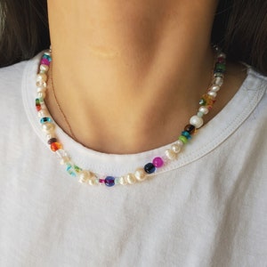 Freshwater Pearl Millefiori Beaded Necklace choker, multicolor Millefiori jewelry, pearl beaded colorful beads necklace image 5