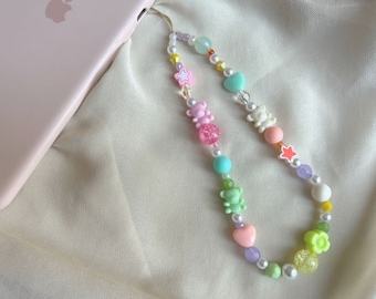 Cute Bear Pastel Phone Charm, y2k phone accessories, beaded phone strap, custom phone chain