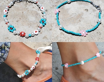 Daisy Flower Beaded Anklet, beaded Ankle Bracelet, Pearl Anklet, retro daisy beaded anklet, summer jewelry, floral bracelet