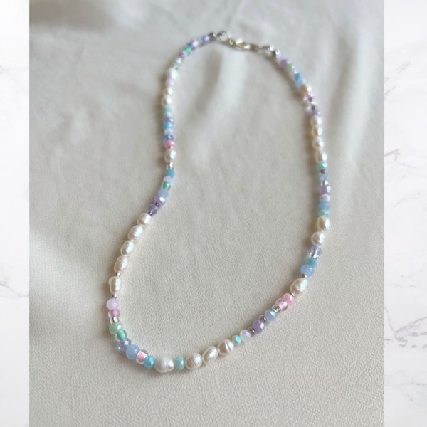 Sweet Pearl Pastel Beads necklace, Beaded Choker, pastel color seed beads necklace, light pink purple blue beads necklace