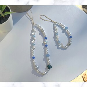 Clear Sparkling heart phone charm, beaded phone chain, cell phone charm, blue pearl clear beads phone strap, beads phone chain, y2k charm