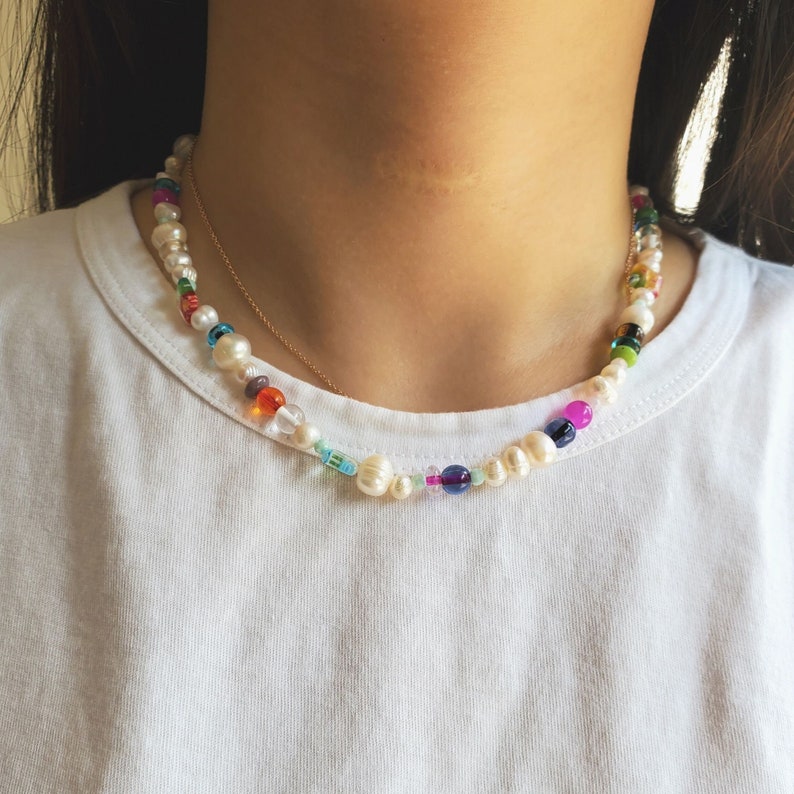 Freshwater Pearl Millefiori Beaded Necklace choker, multicolor Millefiori jewelry, pearl beaded colorful beads necklace image 3