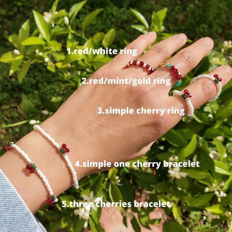 Cherry Retro bracelet and ring, kpop style, beaded cherry jewelry, stackable ring, 90's y2k fashion image 4