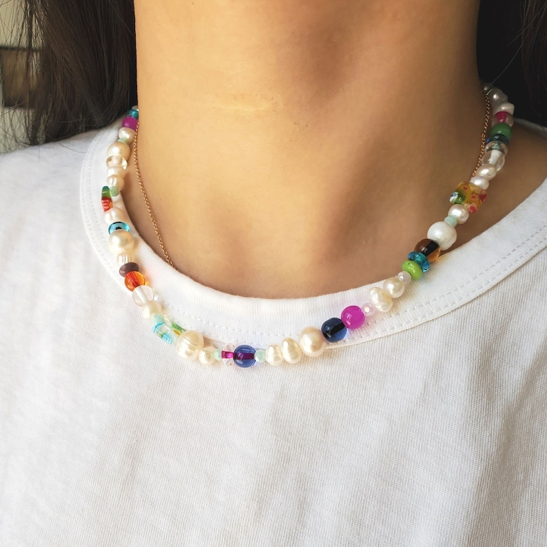 Freshwater Pearl Millefiori Beaded Necklace choker, multicolor Millefiori jewelry, pearl beaded colorful beads necklace image 10