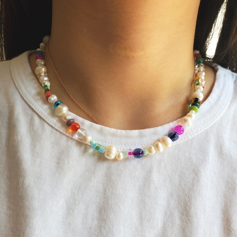 Freshwater Pearl Millefiori Beaded Necklace choker, multicolor Millefiori jewelry, pearl beaded colorful beads necklace image 6