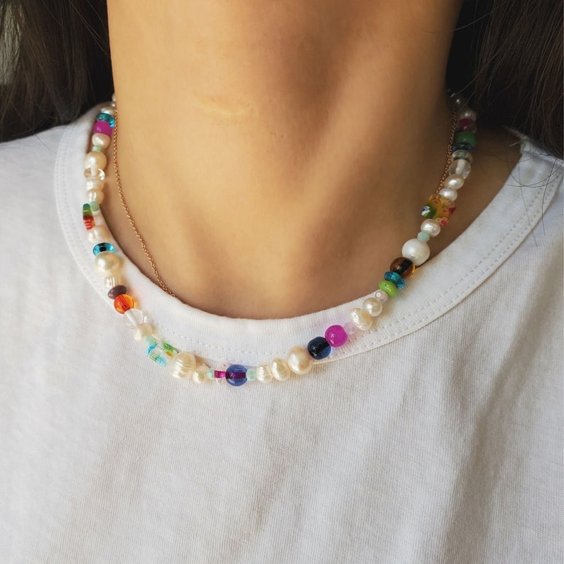 Freshwater Pearl Millefiori Beaded Necklace choker, multicolor Millefiori jewelry, pearl beaded colorful beads necklace image 5