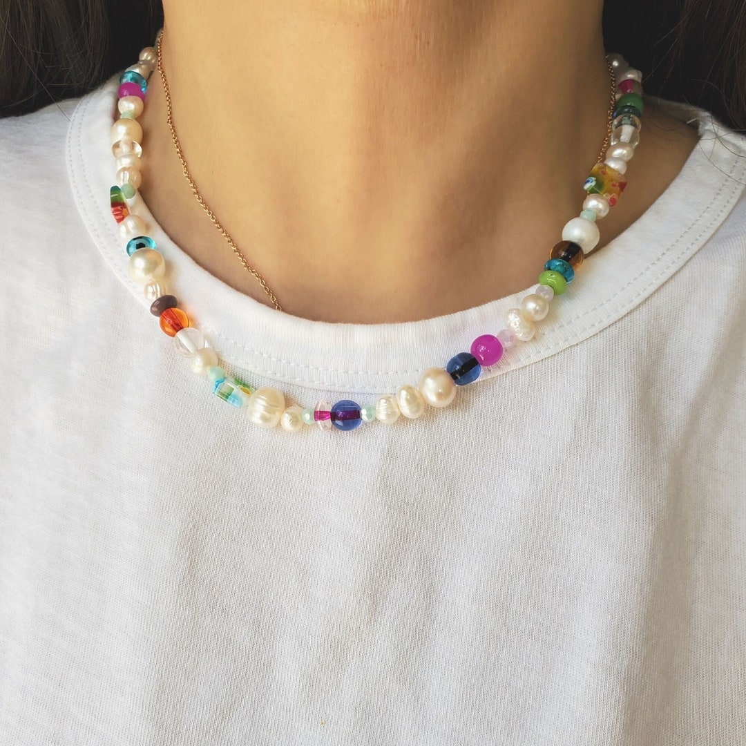 Freshwater Pearl Millefiori Beaded Necklace Choker Multicolor - Etsy