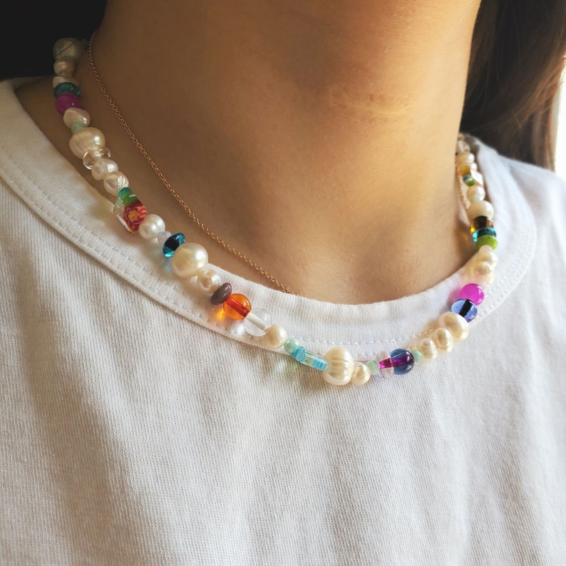Freshwater Pearl Millefiori Beaded Necklace choker, multicolor Millefiori jewelry, pearl beaded colorful beads necklace image 9