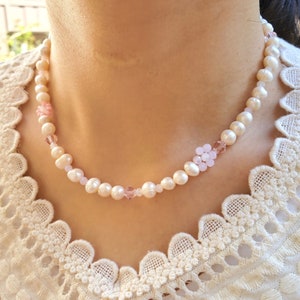 Freshwater Pearls with Pink Daisy flower beaded necklace choker, y2k beaded necklace, pink pearl necklace