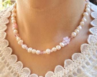 Freshwater Pearls with Pink Daisy flower beaded necklace choker, y2k beaded necklace, pink pearl necklace