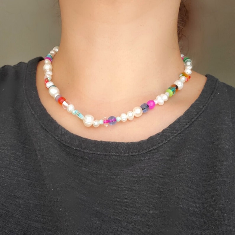 Freshwater Pearl Millefiori Beaded Necklace choker, multicolor Millefiori jewelry, pearl beaded colorful beads necklace image 8