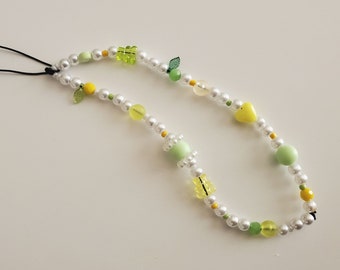 Lemon Lime Pearl Aesthetic Phone Chain, y2k Phone Charm, customize phone chain, phone wristlet, fruit beaded phone chain