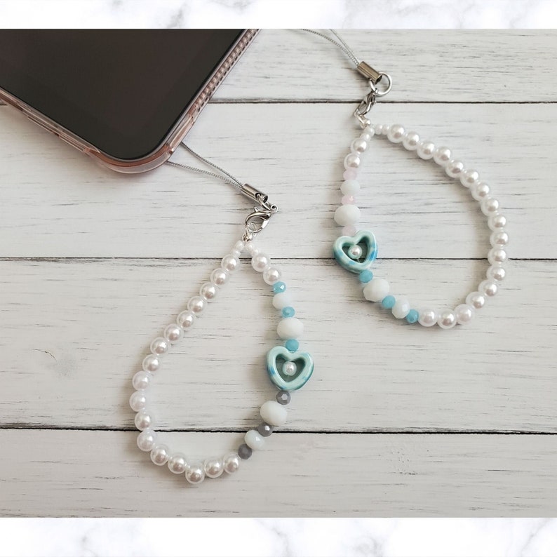 sweetheart aesthetic phone charm, Y2K Pearl phone chain, phone jewel, click for more image 1