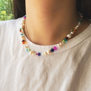 Freshwater Pearl Millefiori Beaded Necklace choker, multicolor Millefiori jewelry, pearl beaded colorful beads necklace image 7