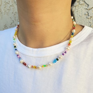 Colorful Freshwater Pearl beaded colorful necklace, genuine pearl necklace, rainbow pearl beaded choker, y2k jewelry