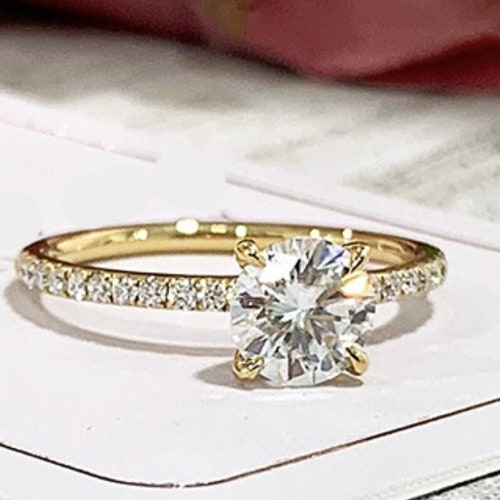 Classic Round cut Moissanite half eternity engagement Ring 14K Yellow Gold unique shops Promise wedding bridal ring Women Anniversary gift ring