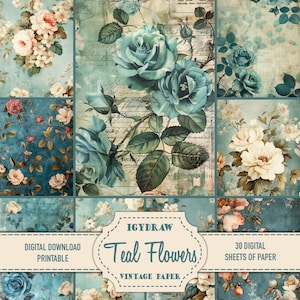 Junk Journal Paper, Digital Paper, 30 Pages of paper, Teal Flowers, Vintage Paper, A4 Digital Paper, Scrapbook paper, Vintage wallpaper