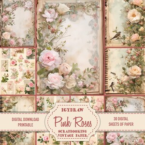 Junk Journal Paper, Digital Paper, 30 Pages + 6 Double Pages, Pink Roses, Ephemera kit, Vintage Paper, A4 Digital Paper, Scrapbook Paper