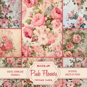 Junk Journal Paper, Digital Paper, 30 Pages of paper, Pink Flowers, Vintage Paper, A4 Digital Paper, Scrapbook paper, Vintage wallpaper