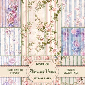 Junk Journal Paper, Digital Paper, 30 Pages of paper, Stripes and Flowers, Vintage Paper, A4 Digital Paper, Scrapbook, Vintage wallpaper