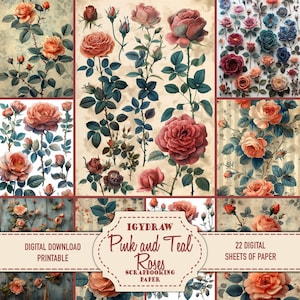Junk Journal Paper, Digital Paper, 22 Pages + 11 Double Pages, Pink and Teal Roses, A4 Digital Paper, Scrapbook, Roses to cut out, IgyDraw
