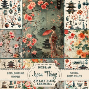 Junk Journal Kit, Ephemera Kit, 9 Seiten Papier, Vintage Landkarten, 16 Seiten Ephemera, Vintage Japan Papier, Japan Objekte, A4 Digital Papier